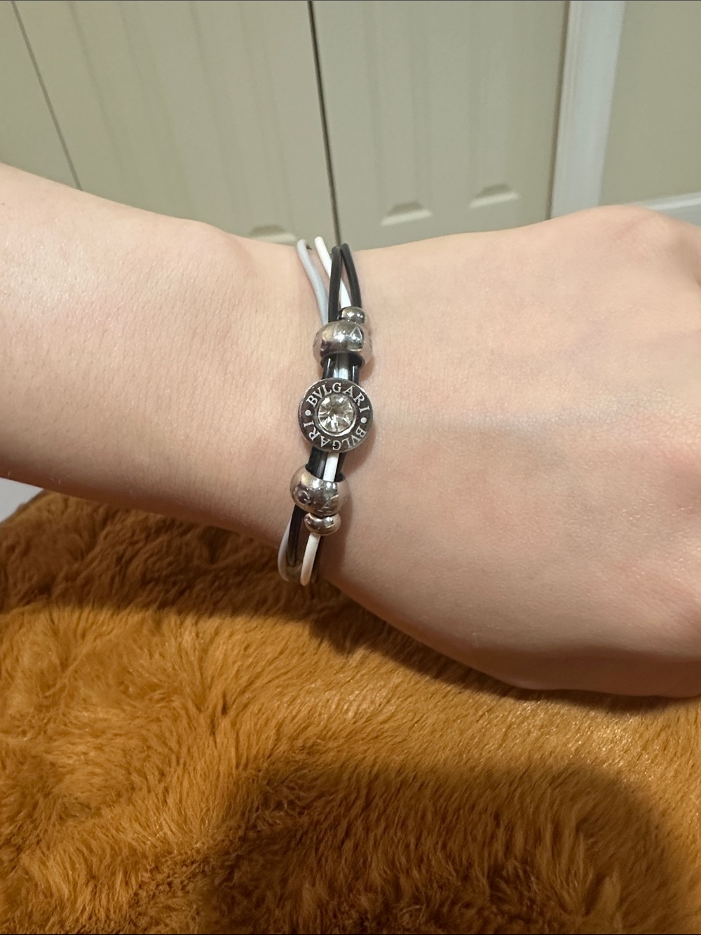 Bulgari Black and White Leather Cord Bracelet with Crystal Charm